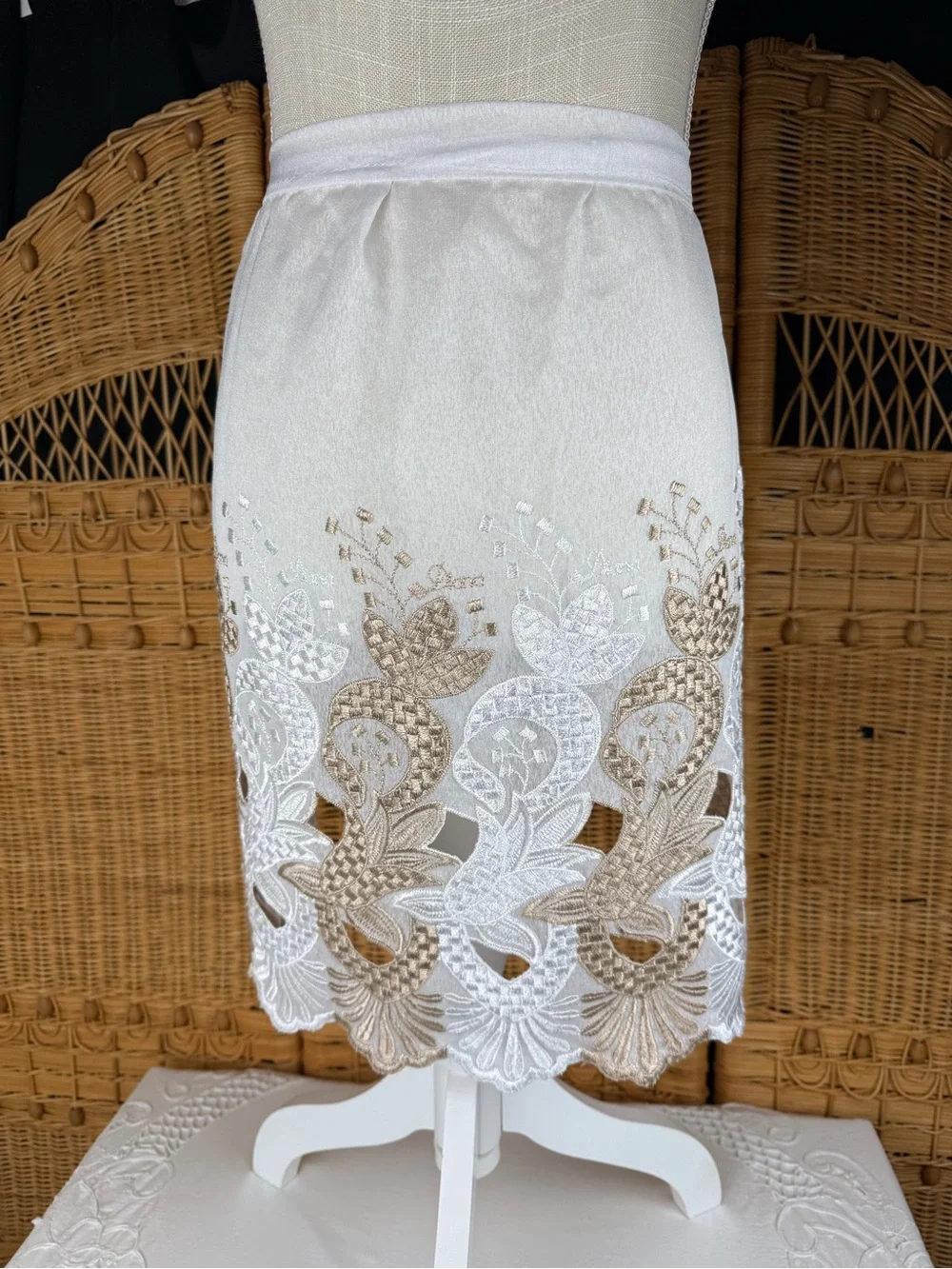 Elegant White & Champagne Embroidered Lace Tie-Waist Apron Skirt